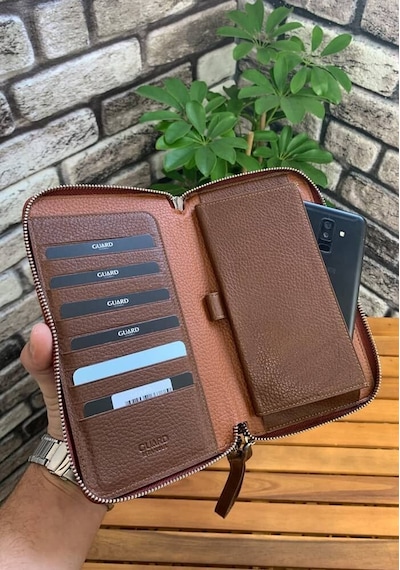 Guard Çift Fermuarlı Taba Hakiki Deri El Çantası Erkek / Kadın P3031 Taba