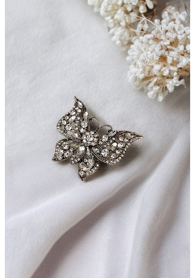 Black Diamond Swarovski Taşlı Kelebek Broş Beyaz