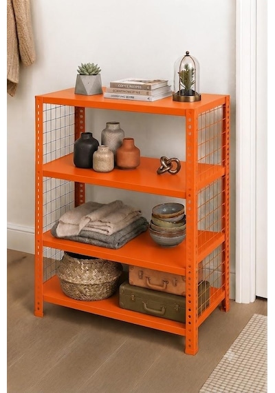 4 Katlı Renkli Tel Kafesli Dekoratif Çelik Raf - Çiçeklik Rafı, Ofis Rafı 0,70 Mm Sarı-43x60 Cm-200 Cm