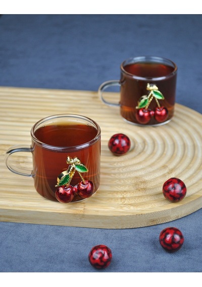2'li Kirazlı Cam Mini Kupa Kiraz Çay Bardağı 130 Ml Kahve Fincanı Yılbaşı Şeffaf