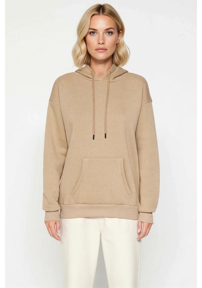 Benerly Kadın Kapüşonlu Düşük Kol Oversize Sweatshirt Fonksiyonel Dayanık Vizon