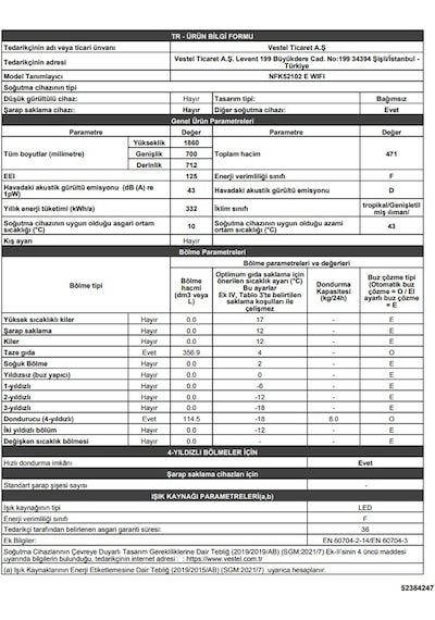 Vestel NFK52102 E WIFI 472 LT No-Frost Kombi Tipi Buzdolabı