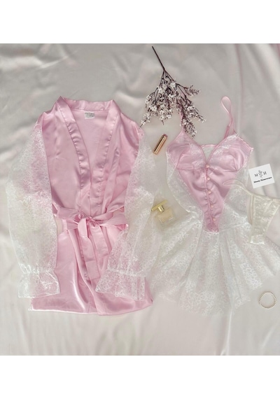 Mh Moony Homewears Saten The Special One Pembe Gecelik Sabahlık Seti Pembe