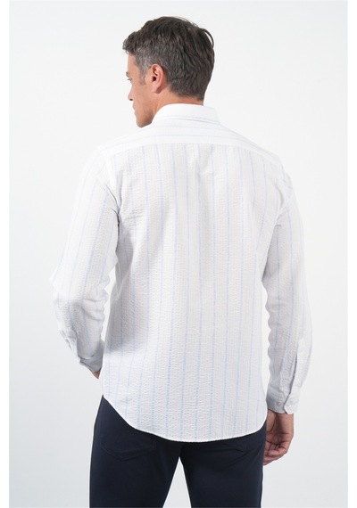 İmza Beyaz-mavi Yumuşak Yaka Uzun Kol Slim Fit Pamuklu Gömlek 1004260259 Beyaz - Mavi