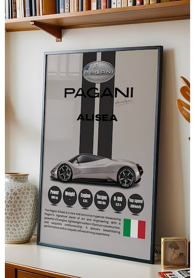 Pagani Alisea Premium Araba Tablosu - V12 Teknik Özellikli İtalyan Otomobil Duvar Dekoru Siyah