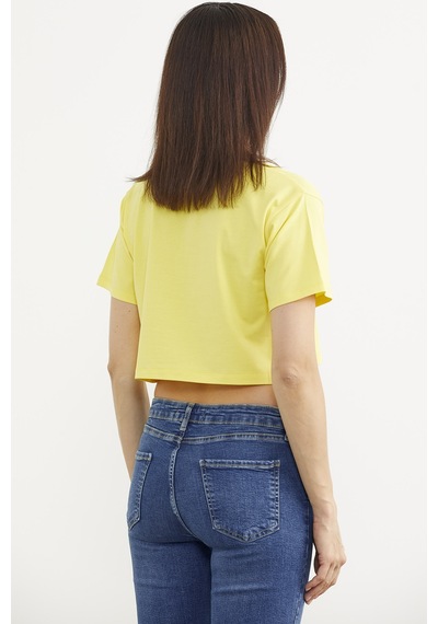 Oversize Baskılı Crop Tişört - Sarı Sarı