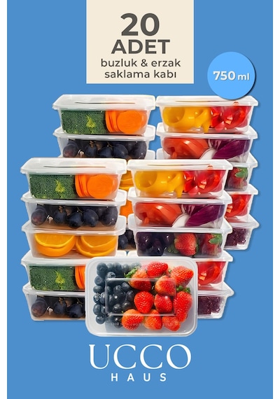 20 Adet 750ml Saklama Kabı Seti Plastik Buzluk, Erzak, Yemek Hazırlık & Mutfak Düzenleme Kutuları Şeffaf