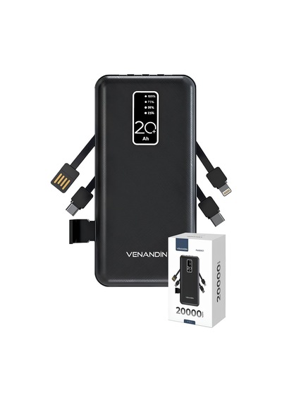 Venandin Pwb20c1 20.000 Mah Powerbank 4 Ü 1 Arada Entegre Kablolu Led Göstergeli Taşınabilir Şarj Cihazı Siyah