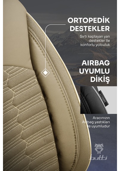 Bej - Bej Butti Libro Serisi Premium Oto Koltuk Kılıfı Destekli, Ön Arka Tam Set, Aırbag Uyumlu