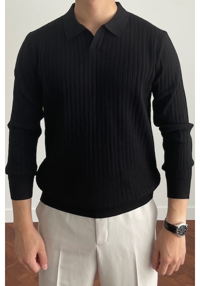 Erkek Siyah Slim Fit Uzun Kollu Polo Yaka Triko Kazak Siyah