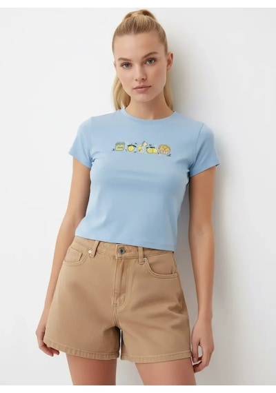 Park Karon 26025 Pamuk Desenli Crop Boy Bisiklet Yaka Örme Bluz Bebe Mavi 40