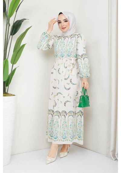 Butik Ayvitrin Kadın Otantik Muz Desen Keten Linen Tesettür Elbise Yeşil