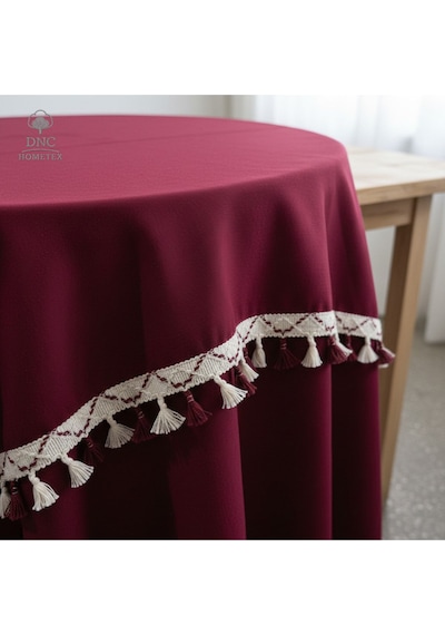 Premium Keten Bordo Yuvarlak Ponponlu Masa Örtüsü Bordo