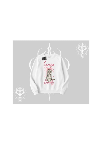 Tarzsokak Serene Beauty Kedi Baskılı Biskilet Sweatshirt Beyaz