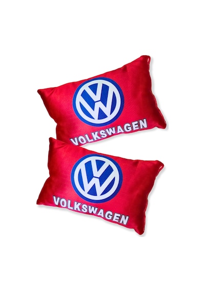 Volkswagen Dijital Baskılı Kırmızı Araç Boyun Yastık 2'li Set Volkswagen Mavi Oto Ayna Askısı Kırmızı
