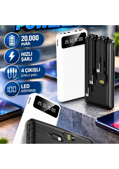 Hızlı Şarj Destekli 20.000 Mah Powerbank 4 Çıkışlı Siyah Led Göstergeli Renkli