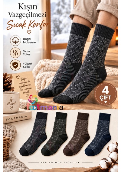 Footmania 4 "lü Termal Yün Erkek Kışlık Soket Çorap Seti %100 Isı Çoklu Renk