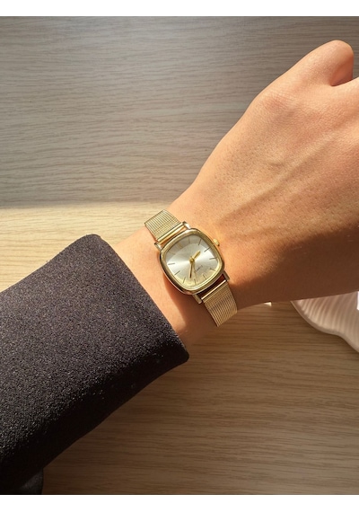 Retro Minimal Hasır Kordon Vintage Kadın Kol Saati Kasa Kare Altın 0021