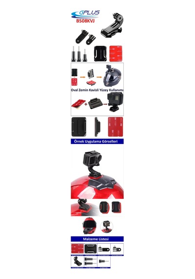 Gplus Bs08kvj 8 Parça Oval Zemin Kavisli Yüzey Vidalı J-hook 3 Yollu Aksiyon Kamera Uyumlu 3m Yapışkan Motor Kask Bağlantı Seti Siyah