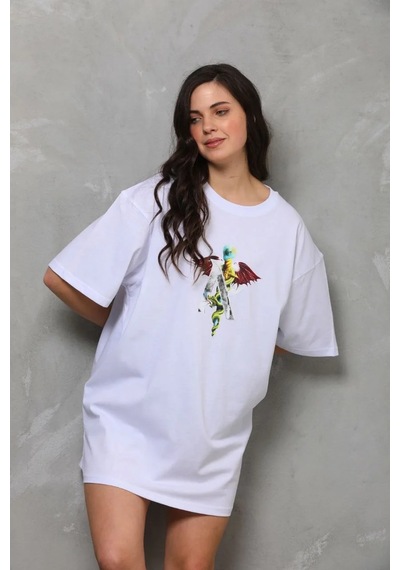 Assema Unisex Bisiklet Yaka Baskılı Oversize T-shirt - Beyaz Çok Renkli