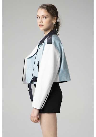 Dericlub H.quınn Crop Biker Kadın Deri Mont Mavi