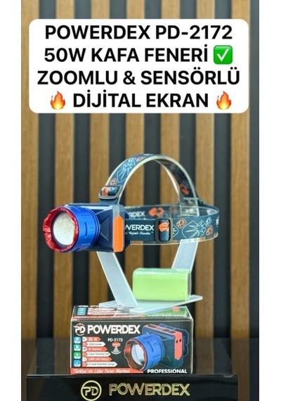 Powerdex Pd-2172 50w 3000 Lümen 6800mah Batarya Zoomlu & Sensörlü Dijital Ekran Kafa Lambası Yeni