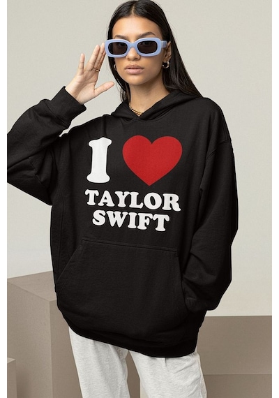 I Love Taylor Swift Baskılı Unisex Oversize Şarkıcı Hoodie Siyah