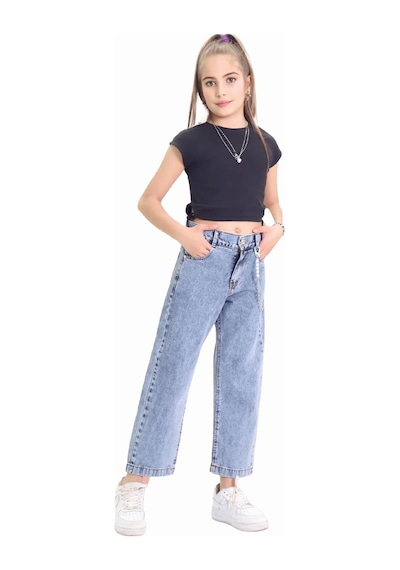 Gzt Tekstil Kız C Ocuk Pantolon Kız Çocuk %100 Pamuk Bol Paça Zincirli Jeans Kot Pantolon 6-15 Yaş Denim