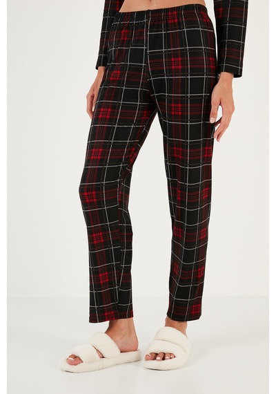 Lela Desenli Beli Lastikli Gömlek Yaka Dokuma Bayan Pijama Takımı 6095660W4 Antrasit-Kırmızı