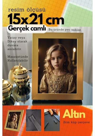 Fırçalı Altın-20mm Çerçeve Camlı 15x21 Cm Fotoğraf Resim Çerçevesi Ayaklı Veya Duvara Asma Yatay-dikey 08462057