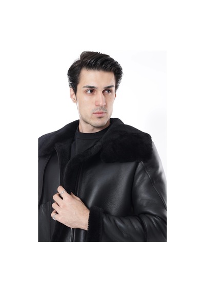 M M Marki Marki Erkek Hakiki Deri Mont, Balıkçı Yaka, Siyah Kürklü, Fermuar Kapamalı, Oversize Model - 500422