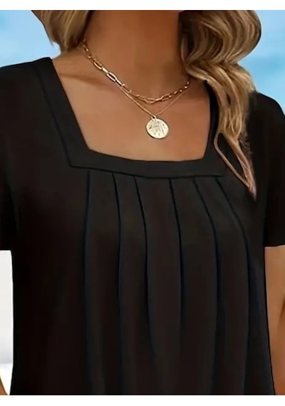 Nnstartshopping Kadın Kısa Kollu Pileli Kare Yaka Salaş Viskon T-shirt Siyah