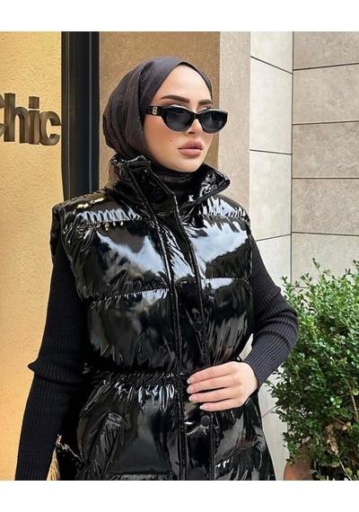 Hb Harma Time Butik Kadın Fermuarlı Çıt Çıtlı Cepli Siyah Parlak Şişme Yelek