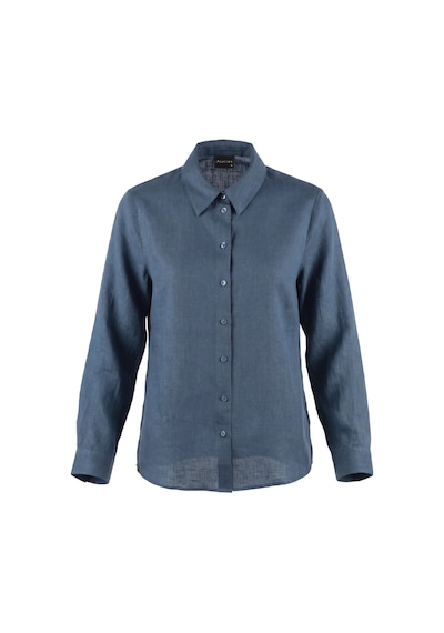 Goffra Kadın Gia %100 Doğal Keten Gömlek - Klasik Yaka Basic Minimalist Tasarım Lacivert W207-k0401-03