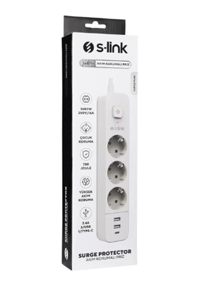 S-link Spg03tc 5v2.4a 1.5m 3x1.00mm 100 Yüzde Bakır 750 Joule 3 Lü Anahtarlı Akım Korumalı Beyaz Pr