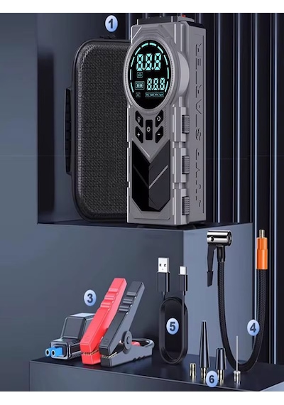 8000mah Dijital Ekranlı Araba Akü Takviye'li Kompresör Araç Lastik Şişirme Hava Pompası - 150psı Siyah