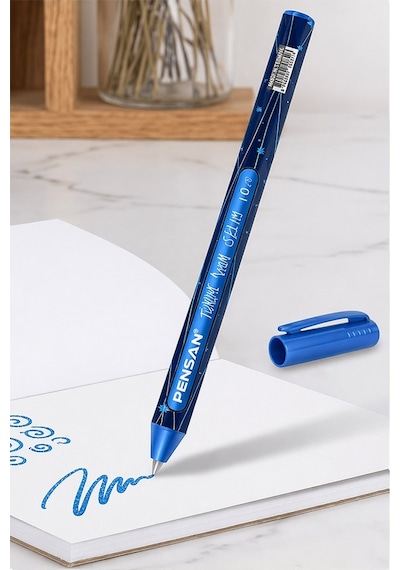 Mavi Simli Tükenmez Kalem 2 Adet Pensan Jely Simli Pilot Kalem Ergonomik Tutuş Yumuşak Yazım Siyah Defter Renkli