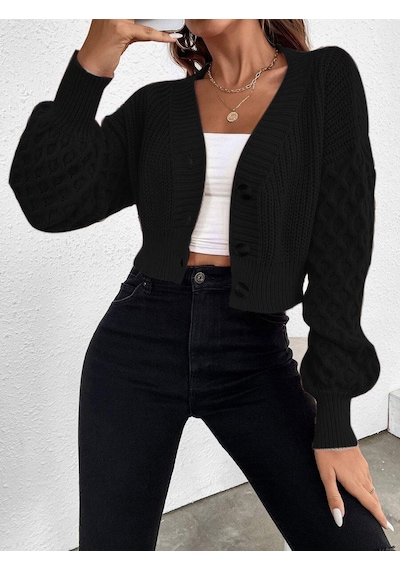 Aqe Fashion V Yaka Örgü Desenli Triko Crop Siyah Hırka Siyah
