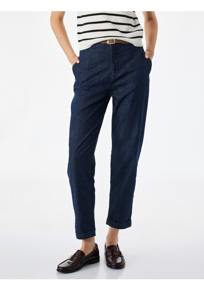 Koton Kemerli Yüksek Bel Rahat Kalıp Chino Denim Pantolon Koyu İndigo 7wal40049md Indigo