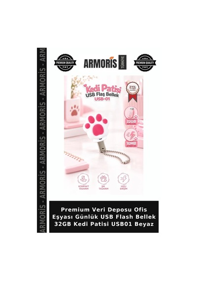 Premium Veri Deposu Ofis Eşyası Günlük Usb Flash Bellek 32gb Kedi Patisi Usb01 Beyaz