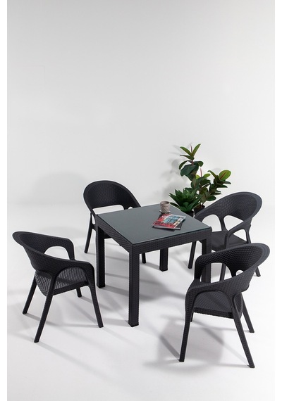 Garden Camlı 80x80 Bahçe&balkon&teras Masa Seti - Antrasit Siyah