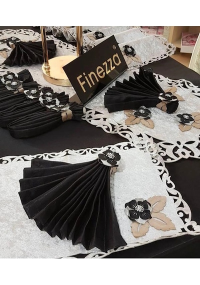 Afife Kadife Gümüş Siyah Sofra Takımı 8 Kişilik 160x230 Cm 34 Parça - 50 Çok Renkli