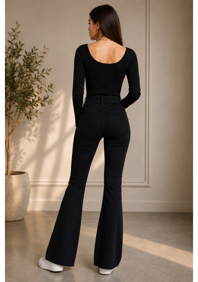 Woddi Kadın Siyah Jeans Solmayan Yüksel Bel Likralı Toparlayıcı İspanyol Kot Pantolon
