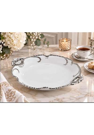 Roykıng Camelıa Gümüş Yuvarlak Kulplu Sunum Tabağı 33 Cm Beyaz