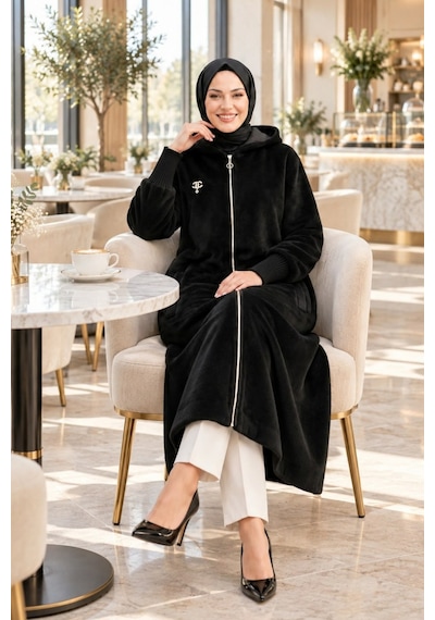 Hb Harma Time Butik Kadın Fermuarlı Kapüşonlu Angora Siyah Kürk Kaban Siyah Siyah