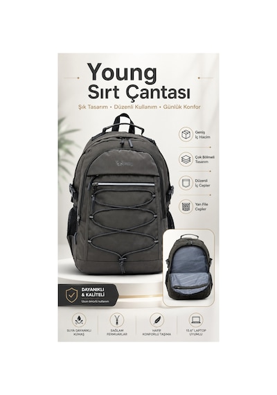 Kaff Young 51537 Grey Gri Unisex Çok Cepli Laptop Bölmeli Suya Dayanıklı Sırt Çantası
