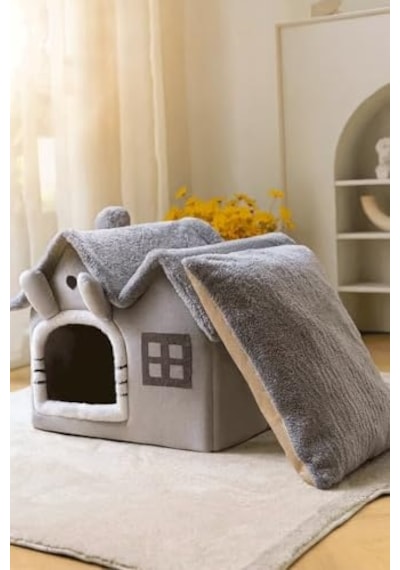 Villa Kedi Evi Peluş Kapalı Kedi Yatağı Minderli Katlanır Gri