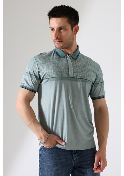 Rıbana Classıc Fermuar Detaylı Desenli Pamuklu Polo Yaka T-shirt Yeşil