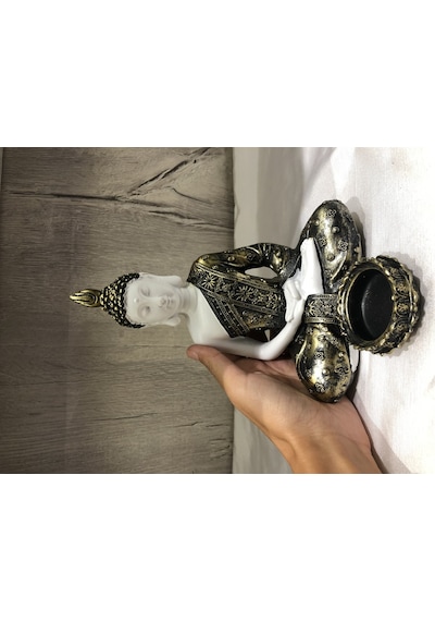 Pirinç Görünümlü Beyaz Buda Tealight Mumluk - Meditasyon Duruşlu
