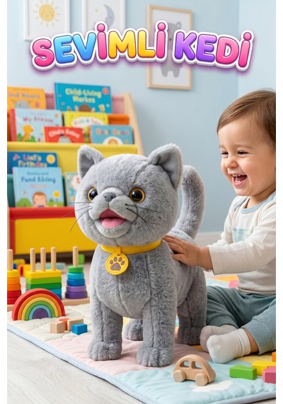 Sevimli Kedi Uzaktan Kumandalı Sesli Miyavlıyan Dil Çıkaran 5 Fonksiyonlu Oyuncak Peluş Hayvan Çok Renkli